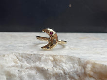 Load image into Gallery viewer, 9ct yellow gold moon cresent ring, s&p diamonds + ruby.