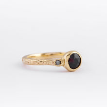 Load image into Gallery viewer, Solid 9ct yellow gold with dark red garnet and salt and pepper diamond