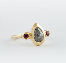 Load image into Gallery viewer, 18ct yellow gold ring with salt and pepper diamond, 2 rubies.