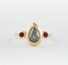 Load image into Gallery viewer, 18ct yellow gold ring with salt and pepper diamond, 2 rubies.