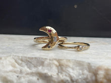Load image into Gallery viewer, 9ct yellow gold moon cresent ring, s&amp;p diamonds + ruby.
