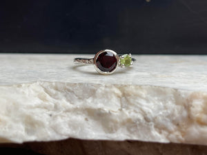 Garnet and peridot in sterling silver ring