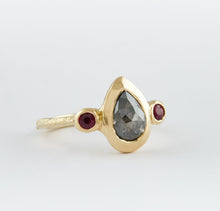 Load image into Gallery viewer, 18ct yellow gold ring with salt and pepper diamond, 2 rubies.
