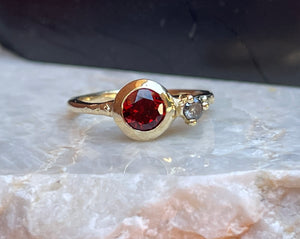 9ct solid gold ring with garnet and salt & pepper diamond