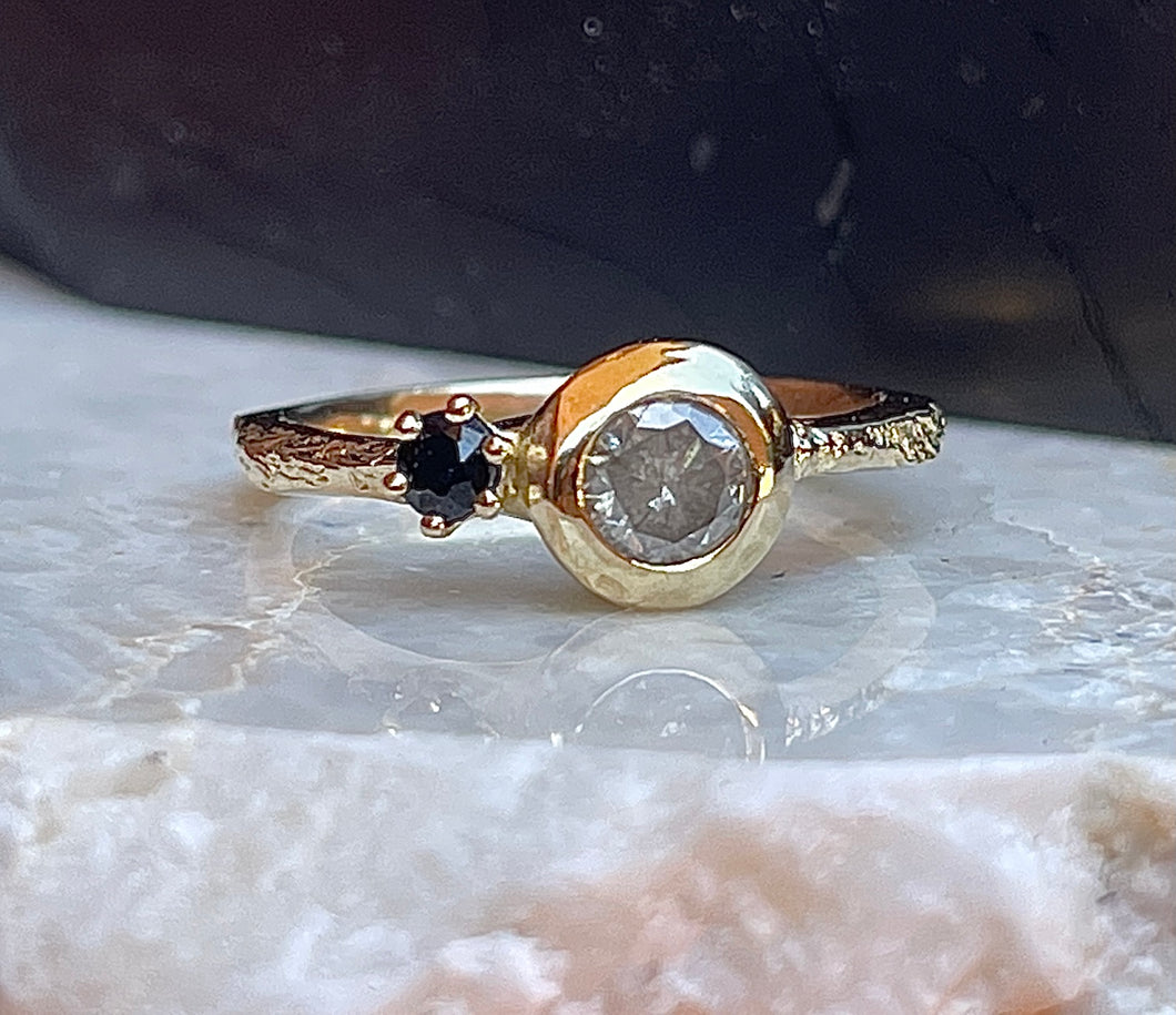 9ct solid gold ring with salt and pepper diamond, and sapphire