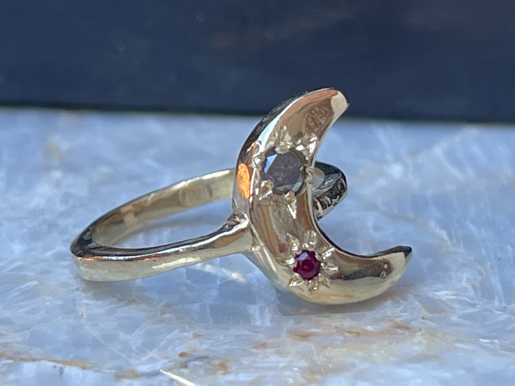 Cresent moon ring 9ct yellow gold, s&p diamond and ruby- READY TO SHIP!