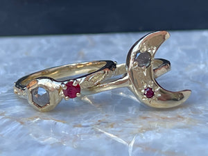 Cresent moon ring 9ct yellow gold, s&p diamond and ruby- READY TO SHIP!