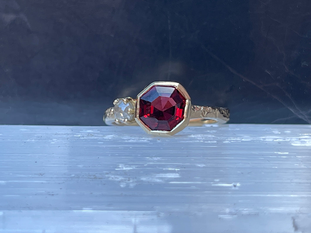 9ct solid gold, octagon garnet, icy diamond- Ready to ship!